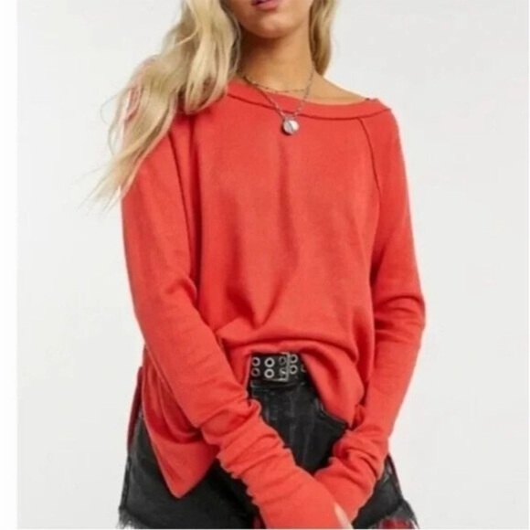 Free People Snowy Thermal in Heatwave Orange Oversized Lightweight Boho Top S - Picture 1 of 12